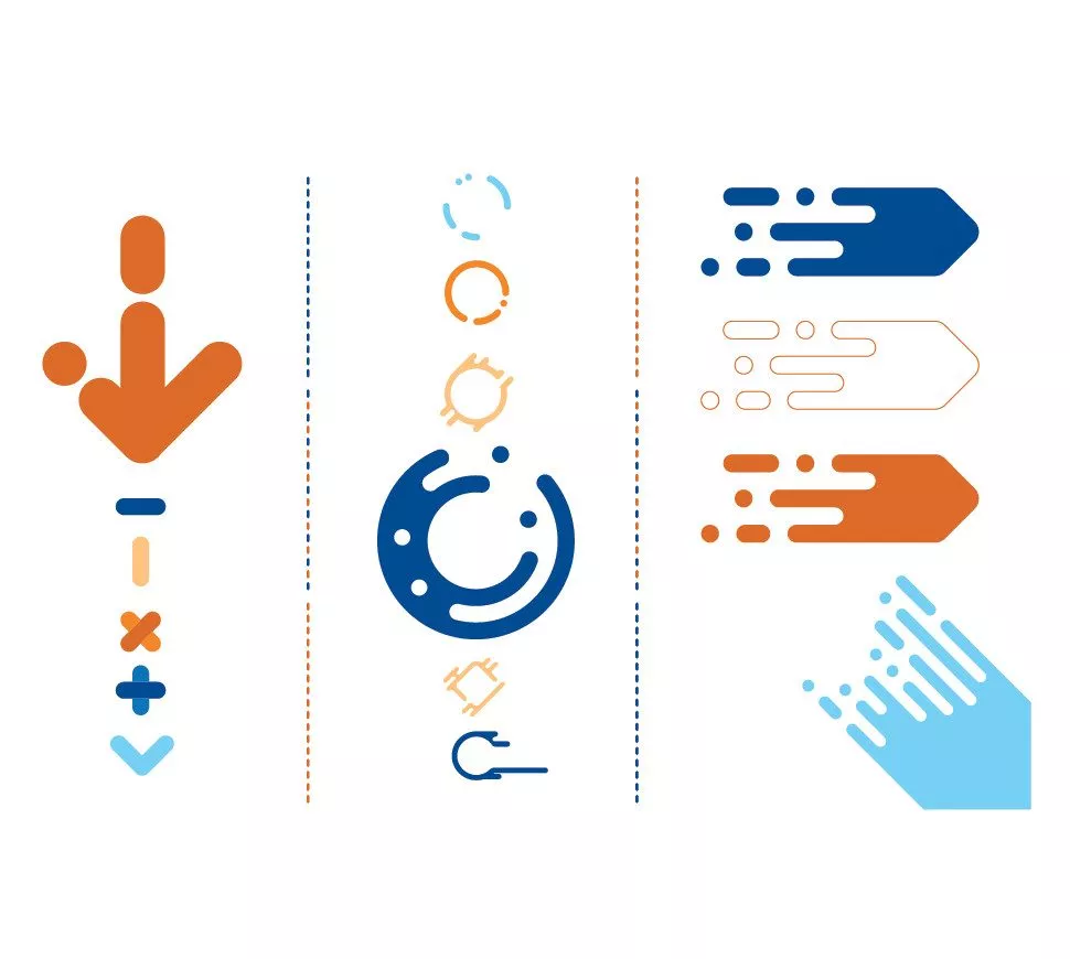 Une représentation graphique des éléments constitutifs de la nouvelle identité visuelle du CH d'Avignon, illustrant un langage visuel basé sur des formes dynamiques, des pictogrammes et des symboles évoquant l’humain, la technologie et le soin.