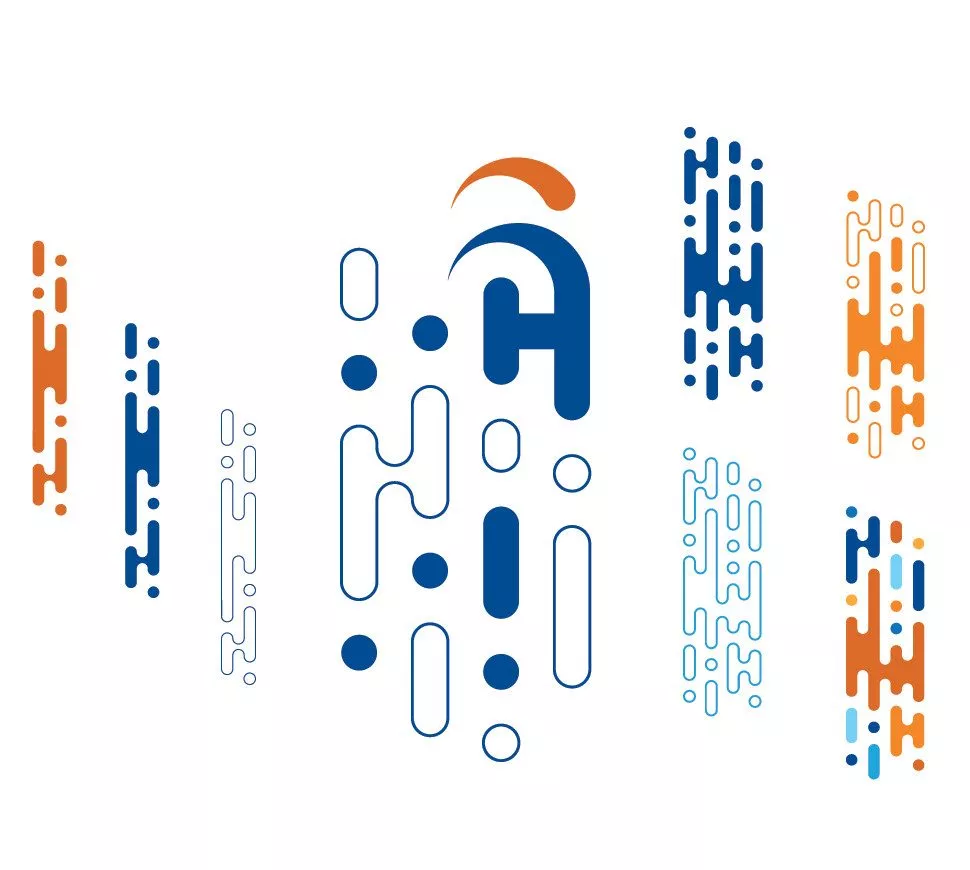 Une interprétation stylisée des lettres "H" et "A" imbriquées en bleu et orange, accompagnée de motifs organiques et dynamiques évoquant la technologie et le soin.